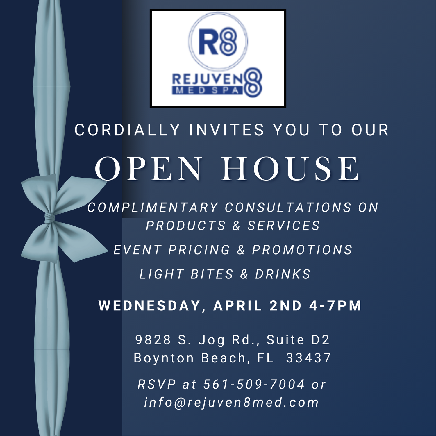 Rejuven8 Med Spa open house invitation details.